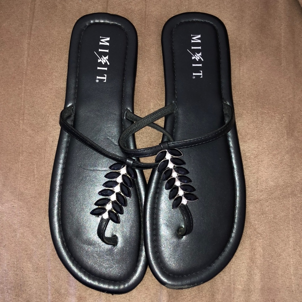 Black and crystal gem flip flops, size 9